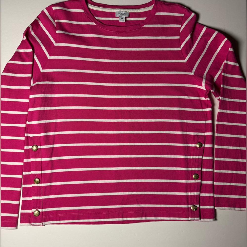 J. Crew Hot Pink & White Striped Crewneck Top medium nautical preppy